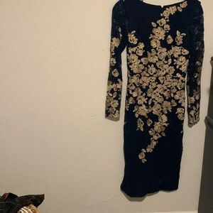 Xscape Navy Blue and gold embroidered lace dress size 6